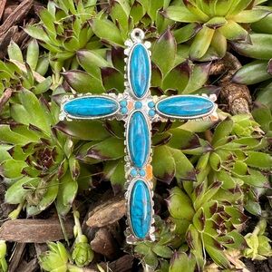 1970's Large Southwestern Cross Faux Turquoise Silver-tone Pendant